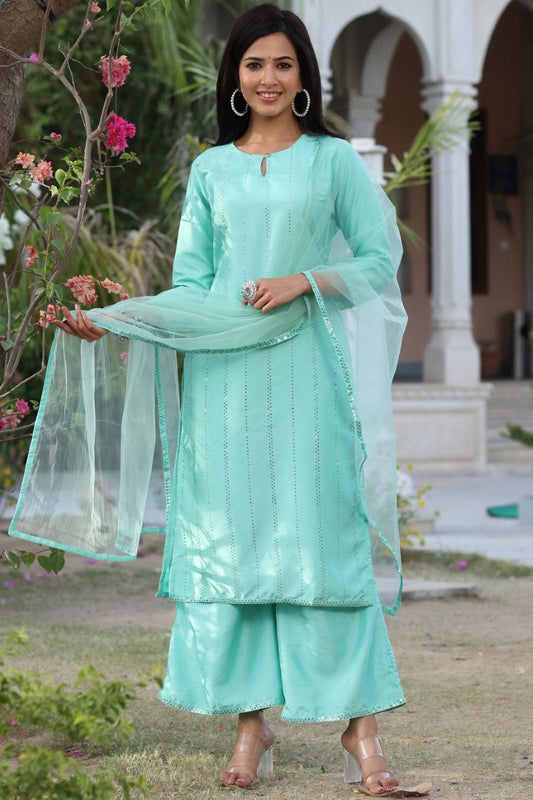  Women Teal Solid Kurta Palazzos With Dupatta