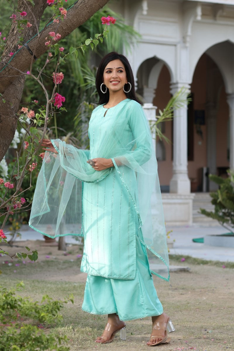  Women Teal Solid Kurta Palazzos With Dupatta