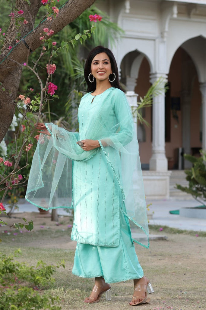  Women Teal Solid Kurta Palazzos With Dupatta