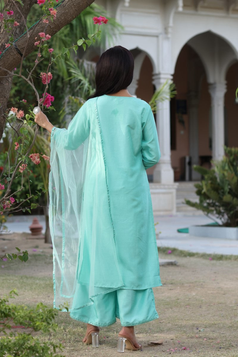  Women Teal Solid Kurta Palazzos With Dupatta