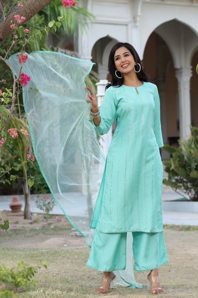  Women Teal Solid Kurta Palazzos With Dupatta