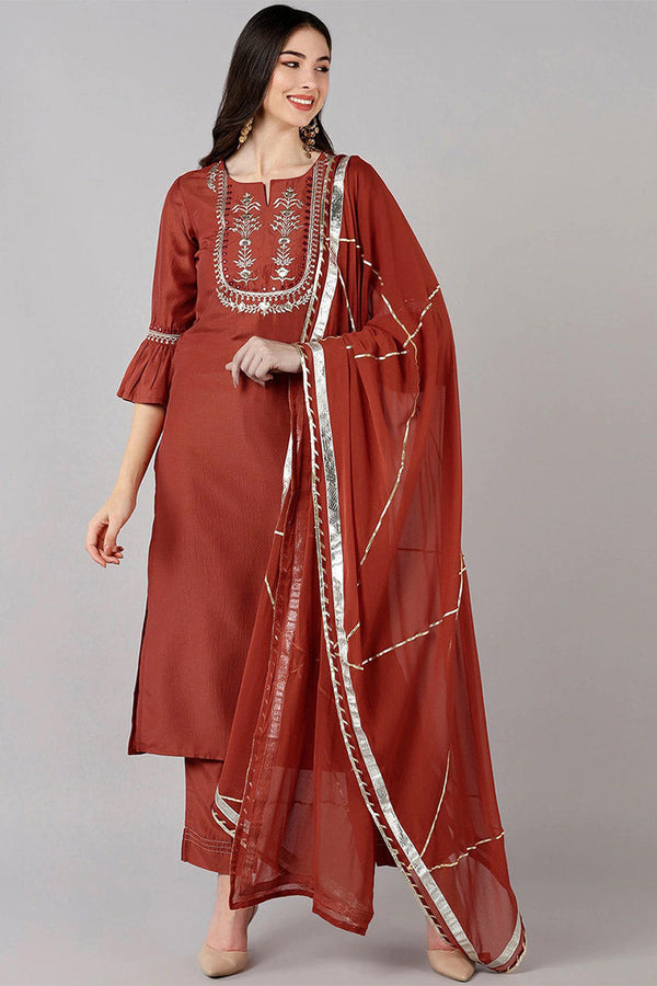  Women Orange Solid Embroidered Kurta Trousers With Dupatta