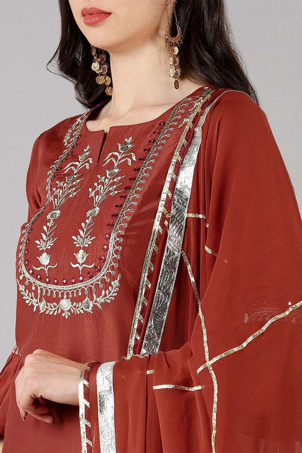  Women Orange Solid Embroidered Kurta Trousers With Dupatta
