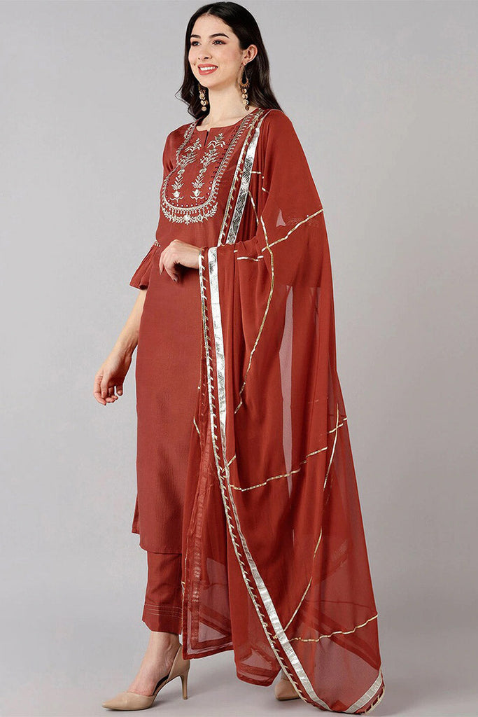  Women Orange Solid Embroidered Kurta Trousers With Dupatta