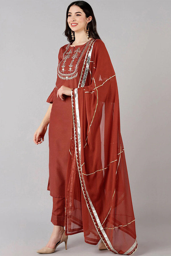  Women Orange Solid Embroidered Kurta Trousers With Dupatta
