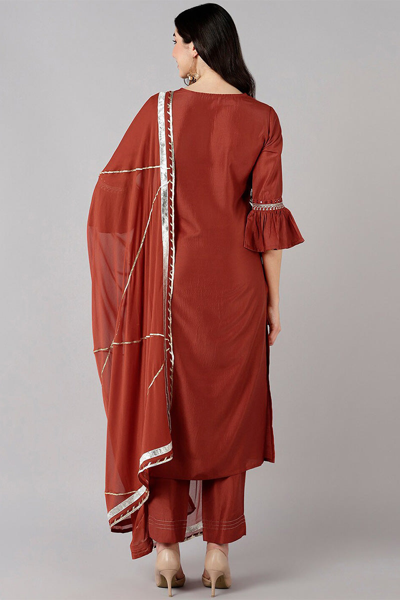  Women Orange Solid Embroidered Kurta Trousers With Dupatta
