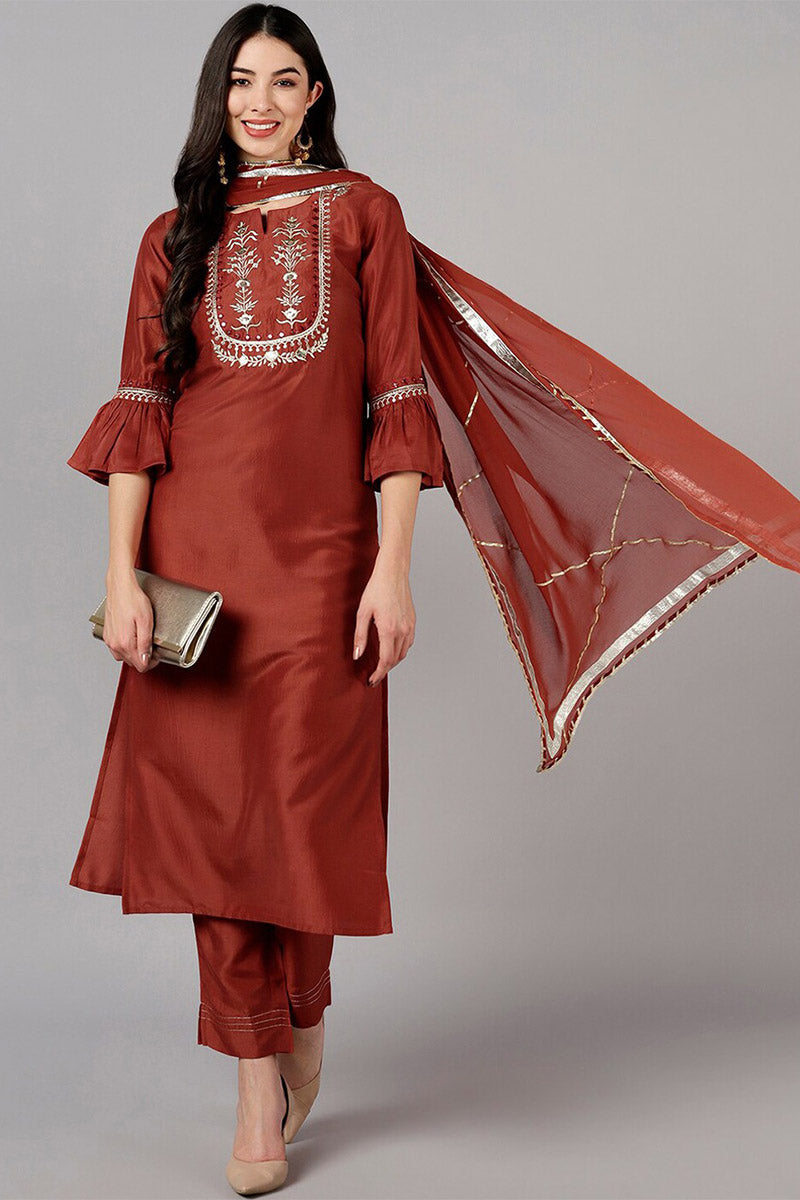 Women Orange Solid Embroidered Kurta Trousers With Dupatta