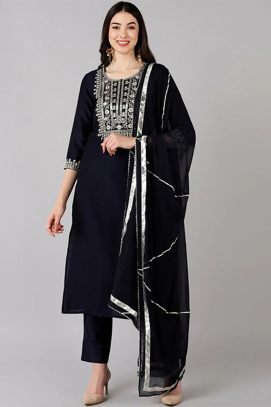  Women Navy Blue Solid Embroidered Kurta Trousers With Dupatta