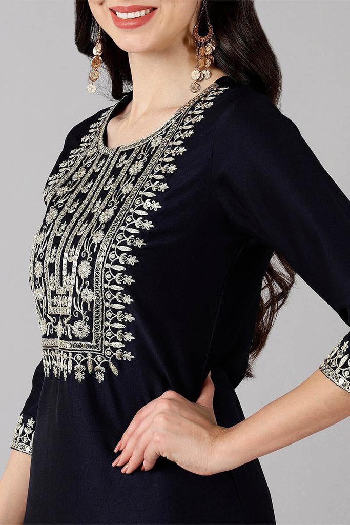  Women Navy Blue Solid Embroidered Kurta Trousers With Dupatta.