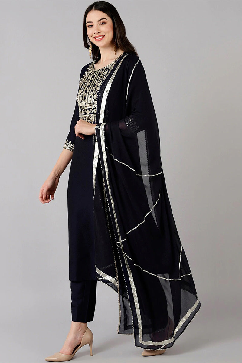  Women Navy Blue Solid Embroidered Kurta Trousers With Dupatta