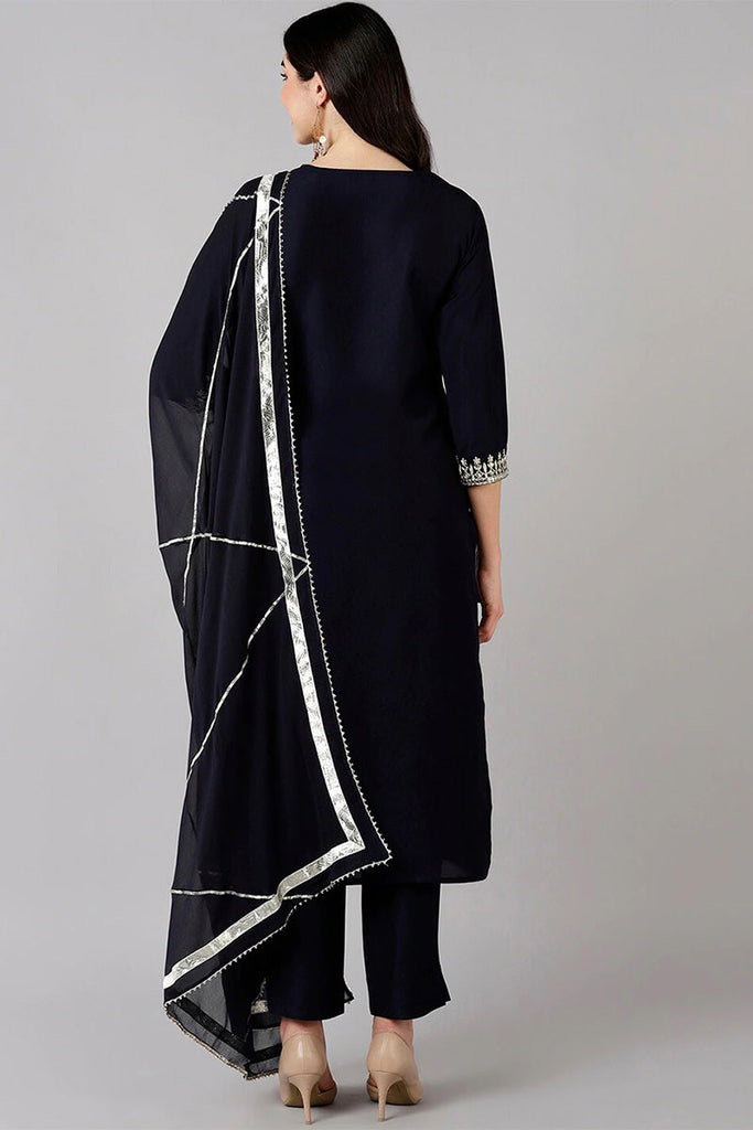  Women Navy Blue Solid Embroidered Kurta Trousers With Dupatta