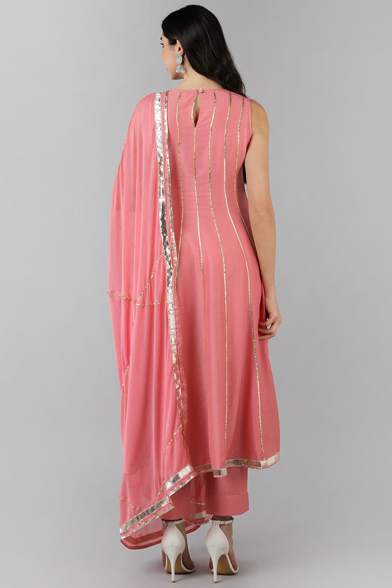 Pink Poly Silk Gotta Patti Anarkali Suit Set PKSKD1291