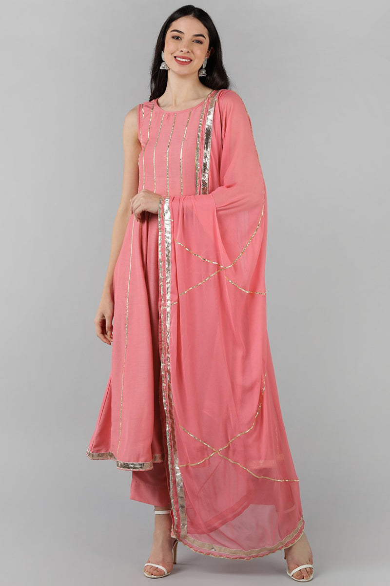 Pink Poly Silk Gotta Patti Anarkali Suit Set PKSKD1291