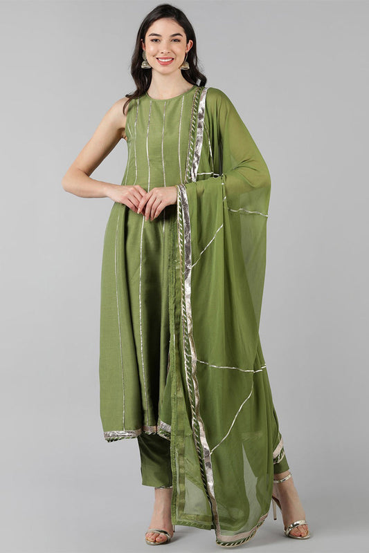 Green Poly Silk Anarkali Kurta Pant With Dupatta