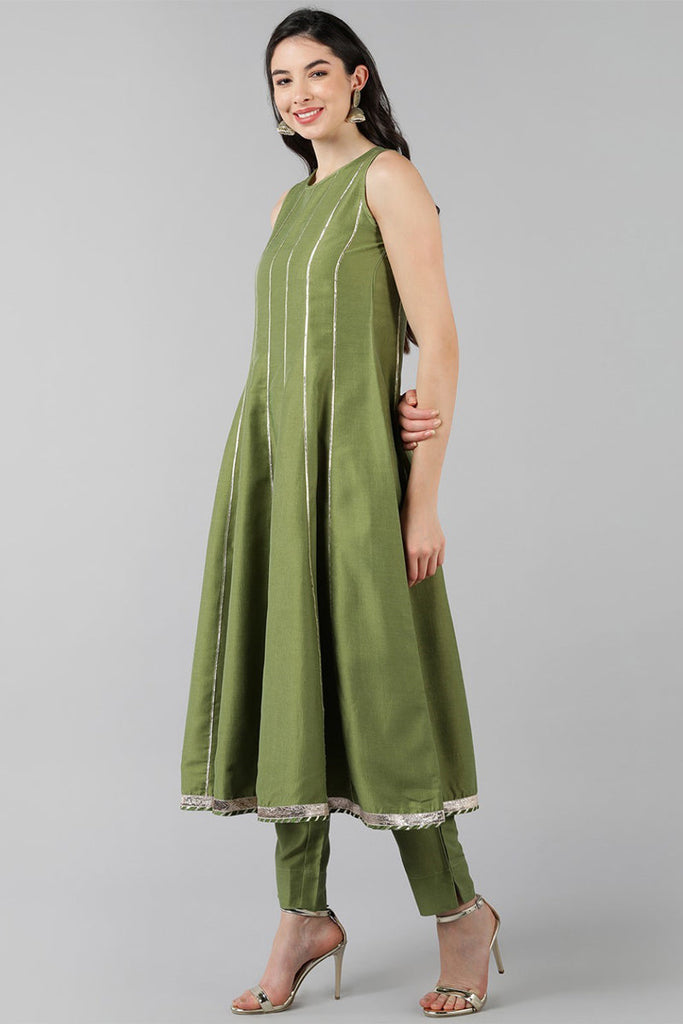 Green Poly Silk Anarkali Kurta Pant With Dupatta