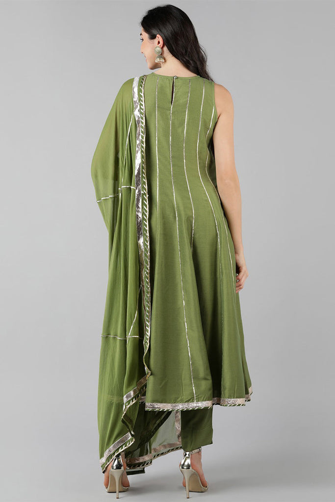 Green Poly Silk Anarkali Kurta Pant With Dupatta