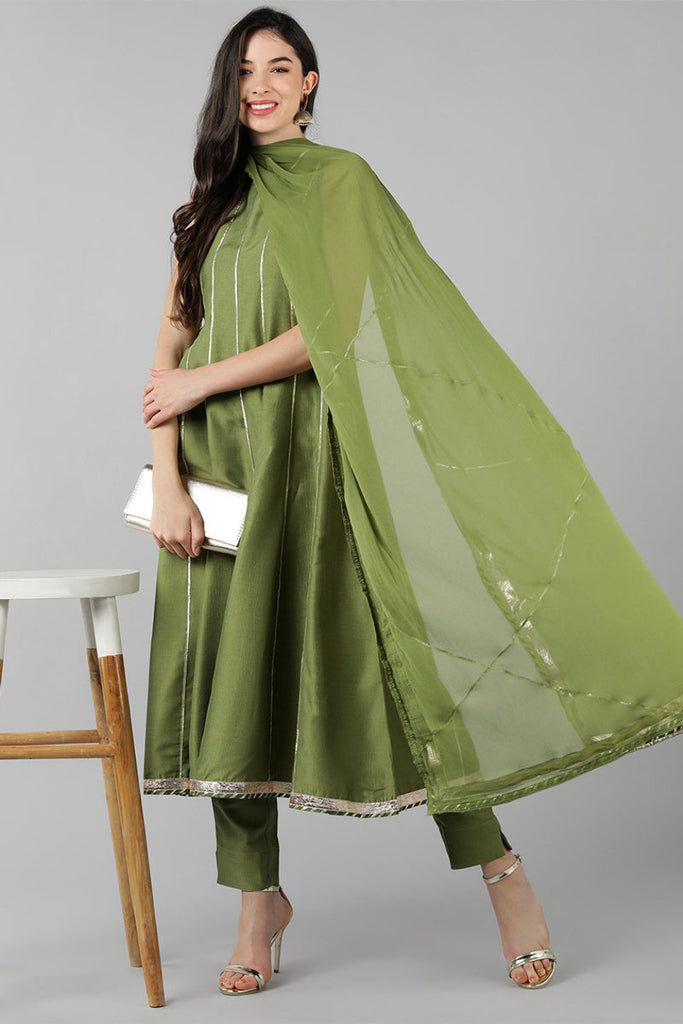 Green Poly Silk Anarkali Kurta Pant With Dupatta