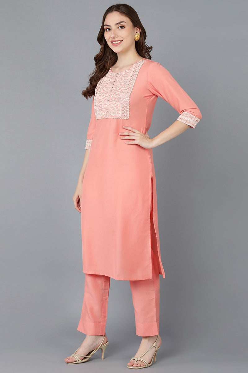 Peach Poly Silk Embroidered Straight Suit Set PKSKD1293