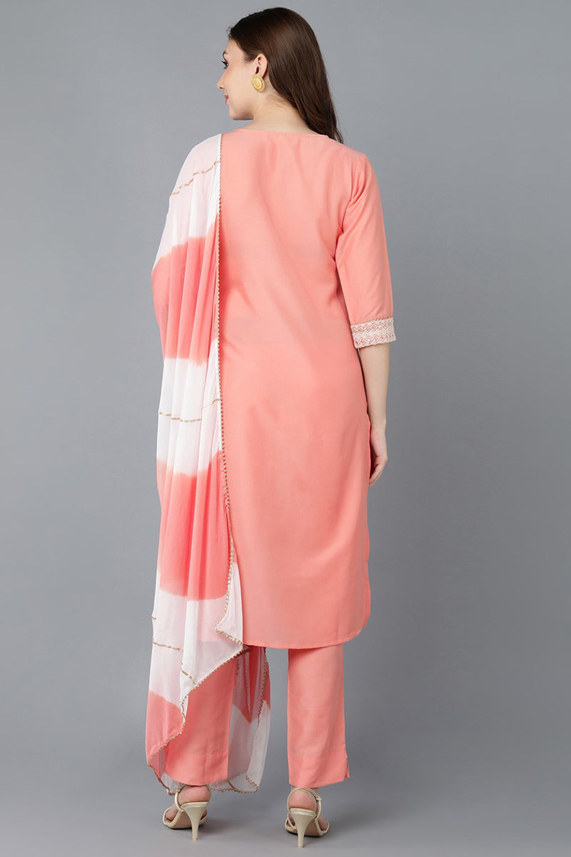 Peach Poly Silk Embroidered Straight Suit Set PKSKD1293