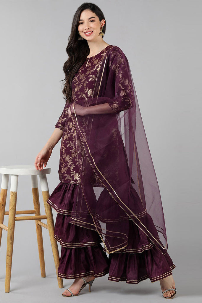 Purple Poly Chanderi Sharara Suit Set PKSKD1299