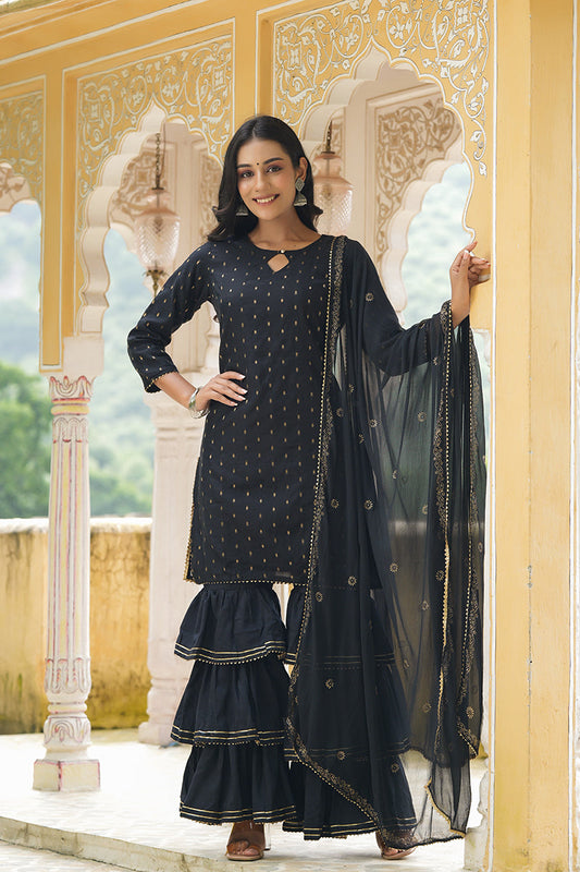  Women Black Woven Design Kurta Sharara With Dupatta