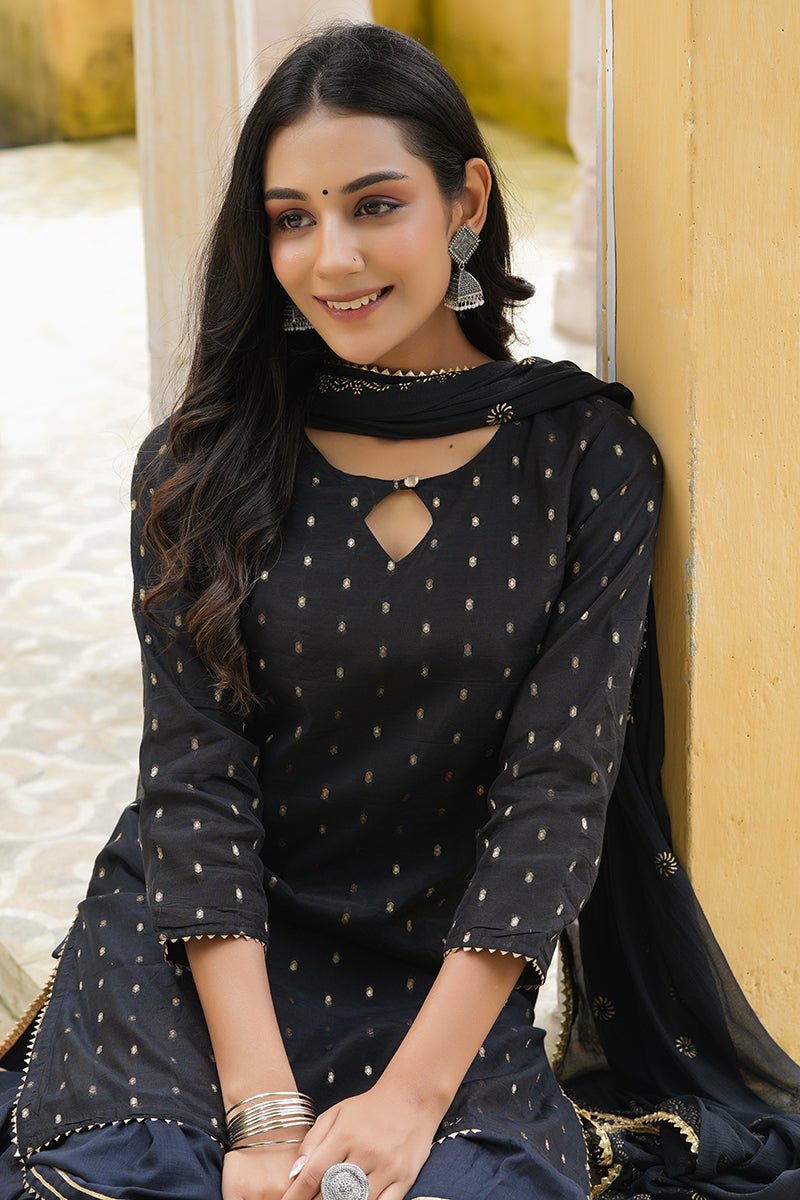  Women Black Woven Design Kurta Sharara With Dupatta