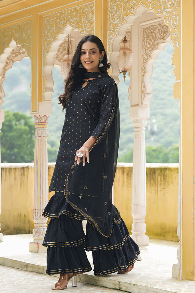  Women Black Woven Design Kurta Sharara With Dupatta