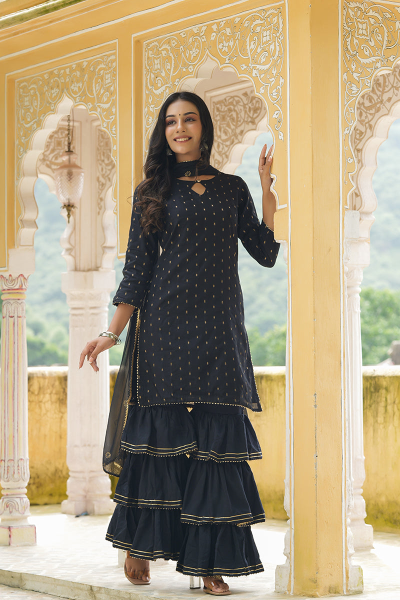  Women Black Woven Design Kurta Sharara With Dupatta