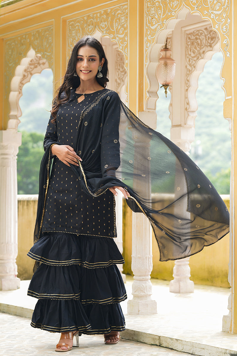  Women Black Woven Design Kurta Sharara With Dupatta