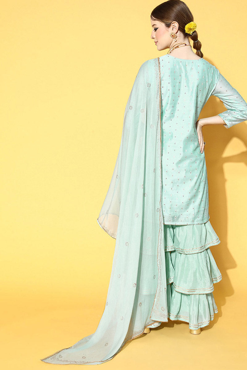  Women Blue Woven Design Kurta Sharara With Dupatta