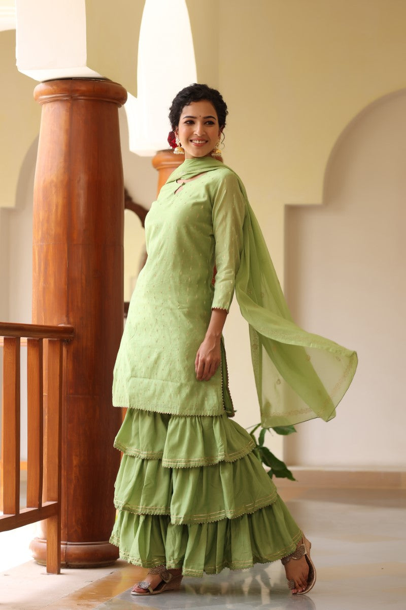  Women Green Woven Design Kurta Sharara With Dupatta