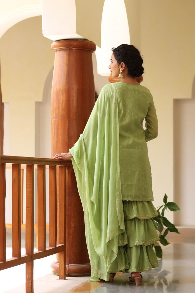  Women Green Woven Design Kurta Sharara With Dupatta