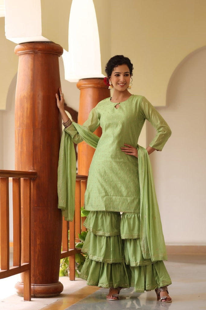  Women Green Woven Design Kurta Sharara With Dupatta