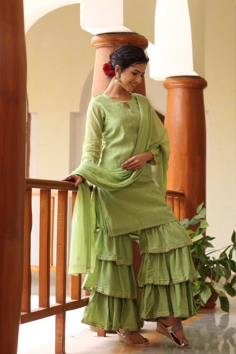  Women Green Woven Design Kurta Sharara With Dupatta