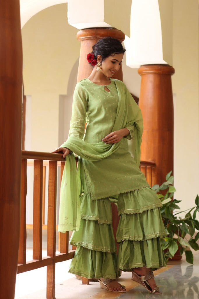  Women Green Woven Design Kurta Sharara With Dupatta