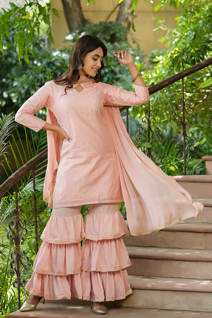  Women Pink Woven Design Kurta Sharara With Dupatta