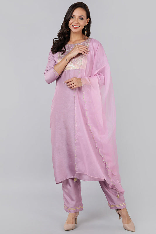  Women Lavender Yoke Design Kurta Trousers With Dupatta 