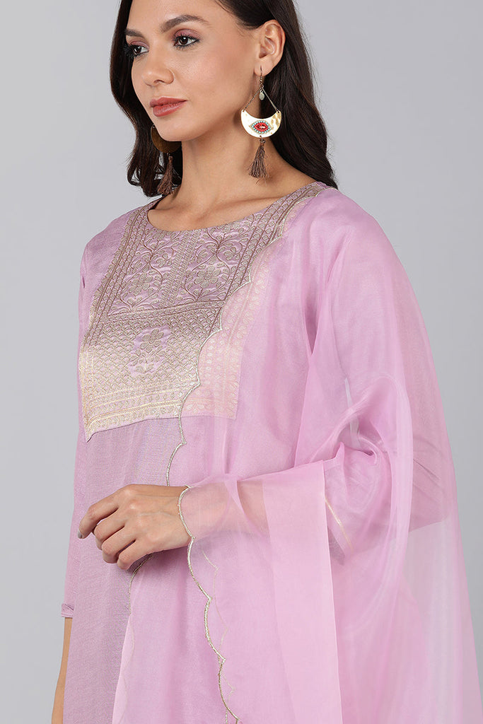  Women Lavender Yoke Design Kurta Trousers With Dupatta 