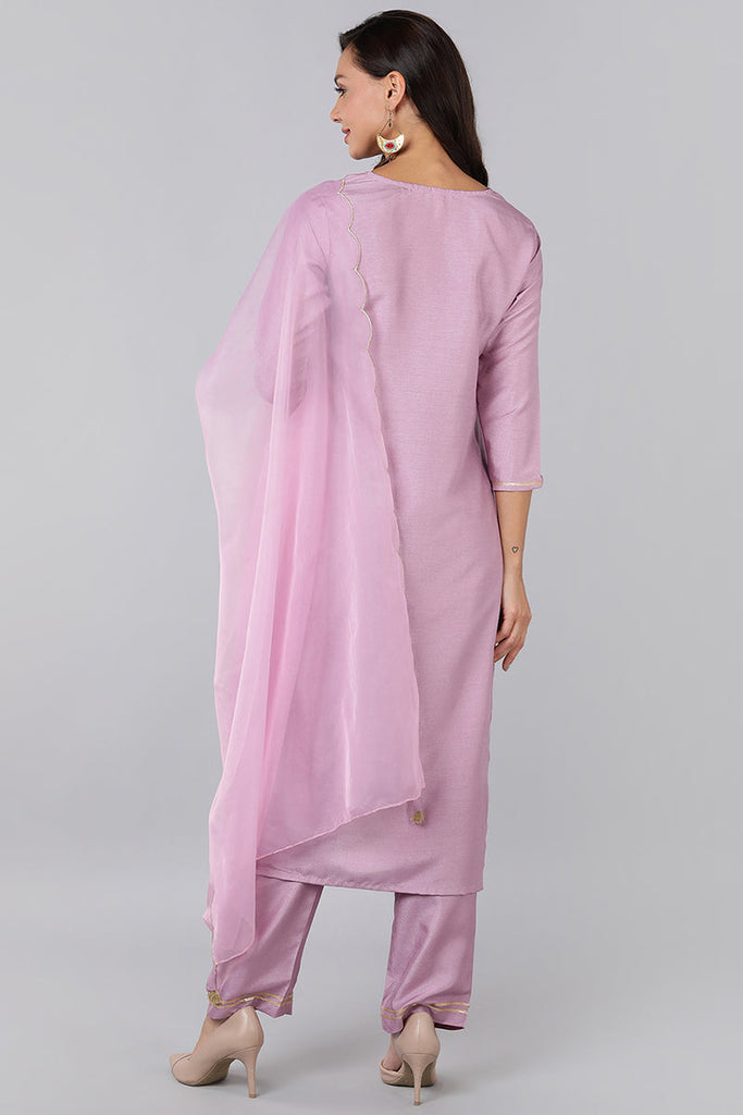  Women Lavender Yoke Design Kurta Trousers With Dupatta 