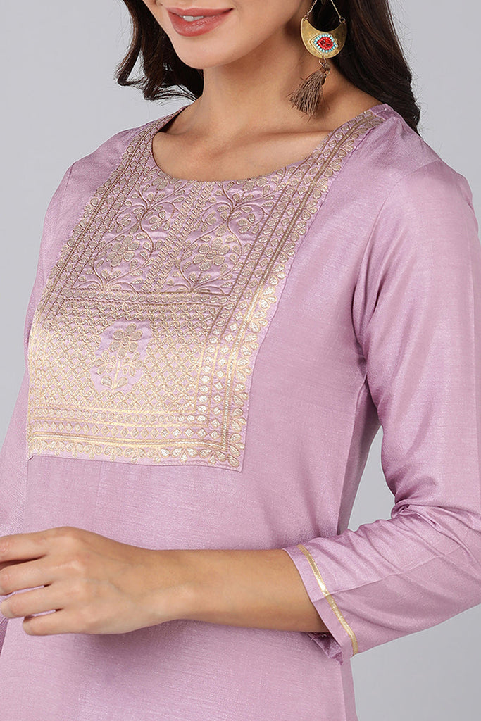  Women Lavender Yoke Design Kurta Trousers With Dupatta 