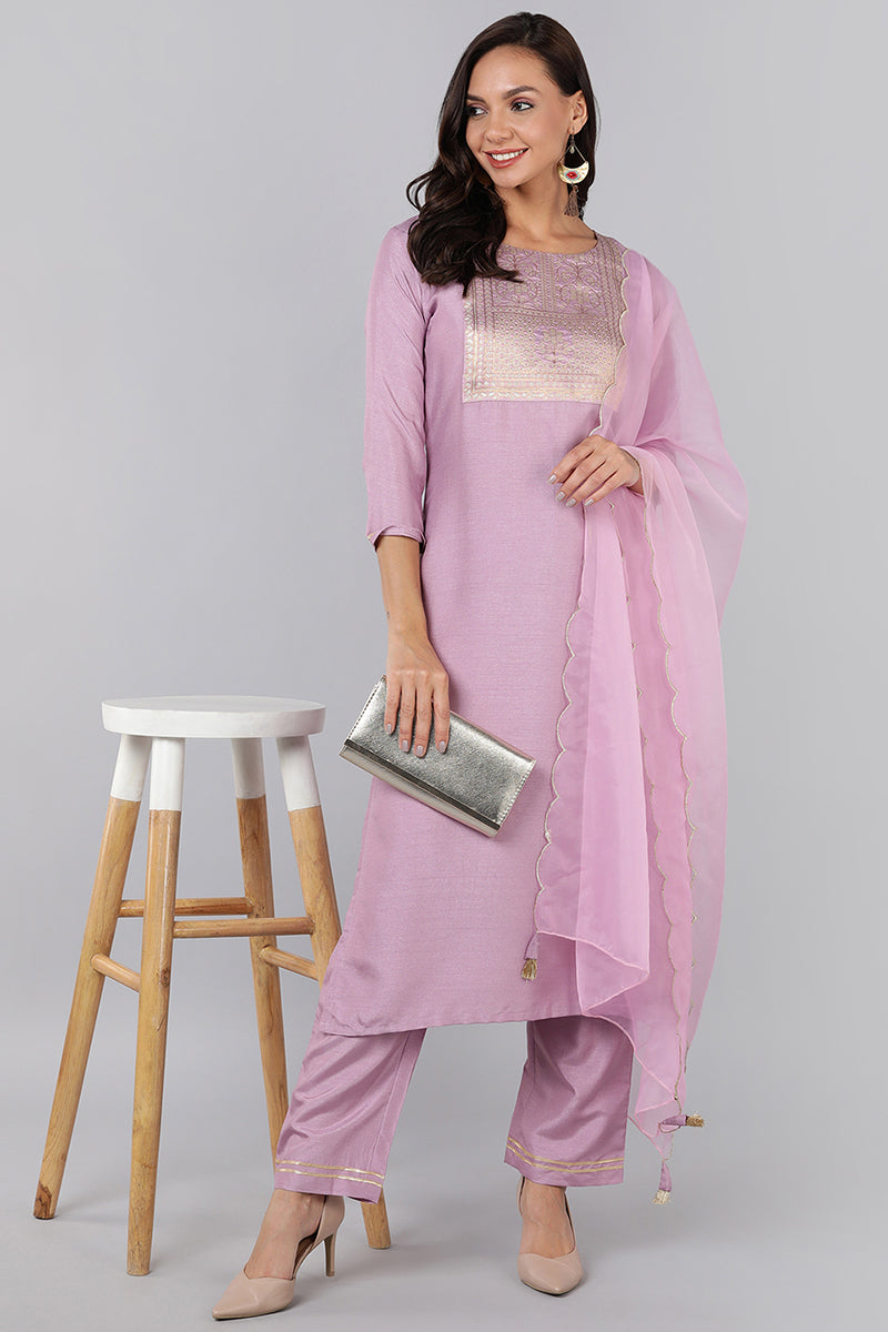  Women Lavender Yoke Design Kurta Trousers With Dupatta 