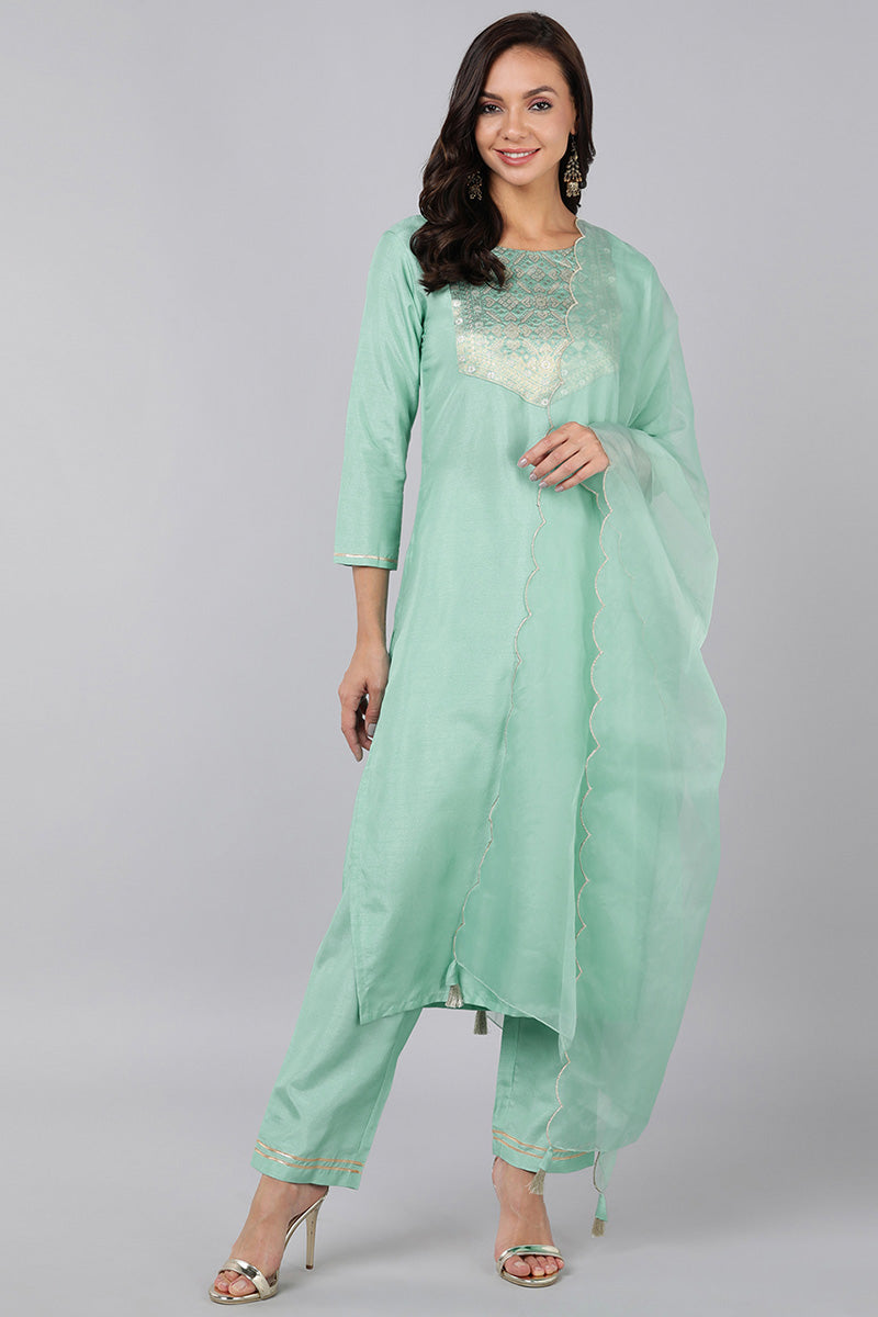  Women Sea Green Yoke Design Kurta Trousers With Dupatta