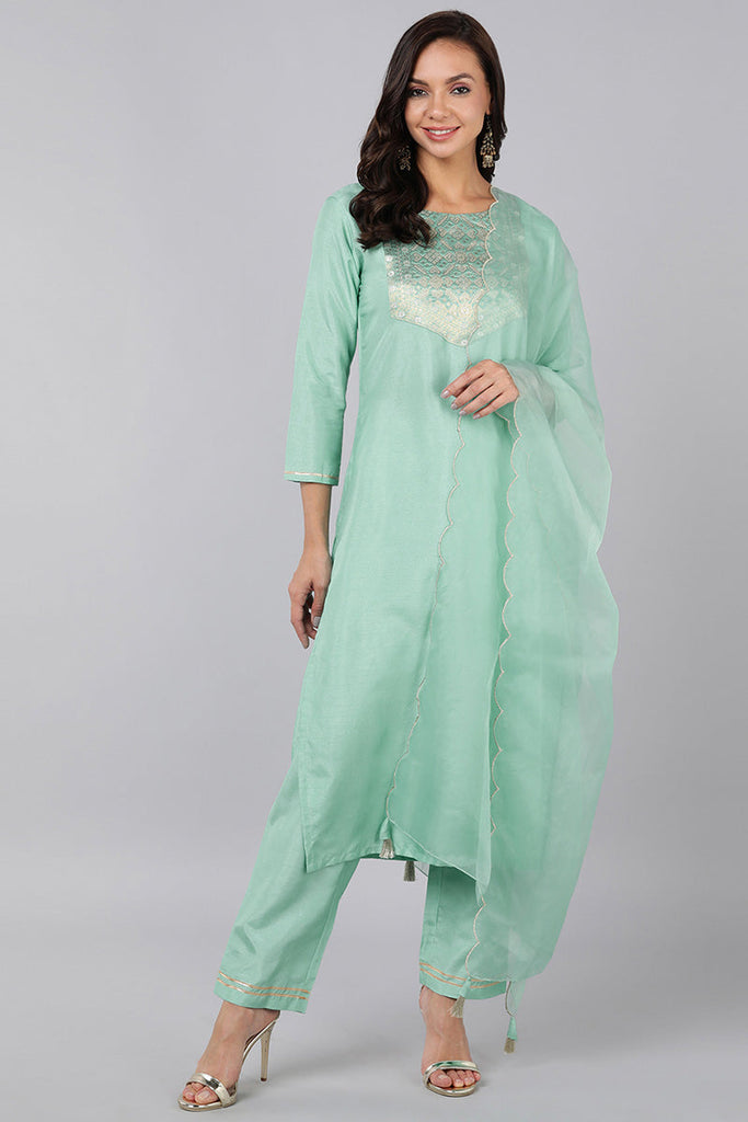  Women Sea Green Yoke Design Kurta Trousers With Dupatta