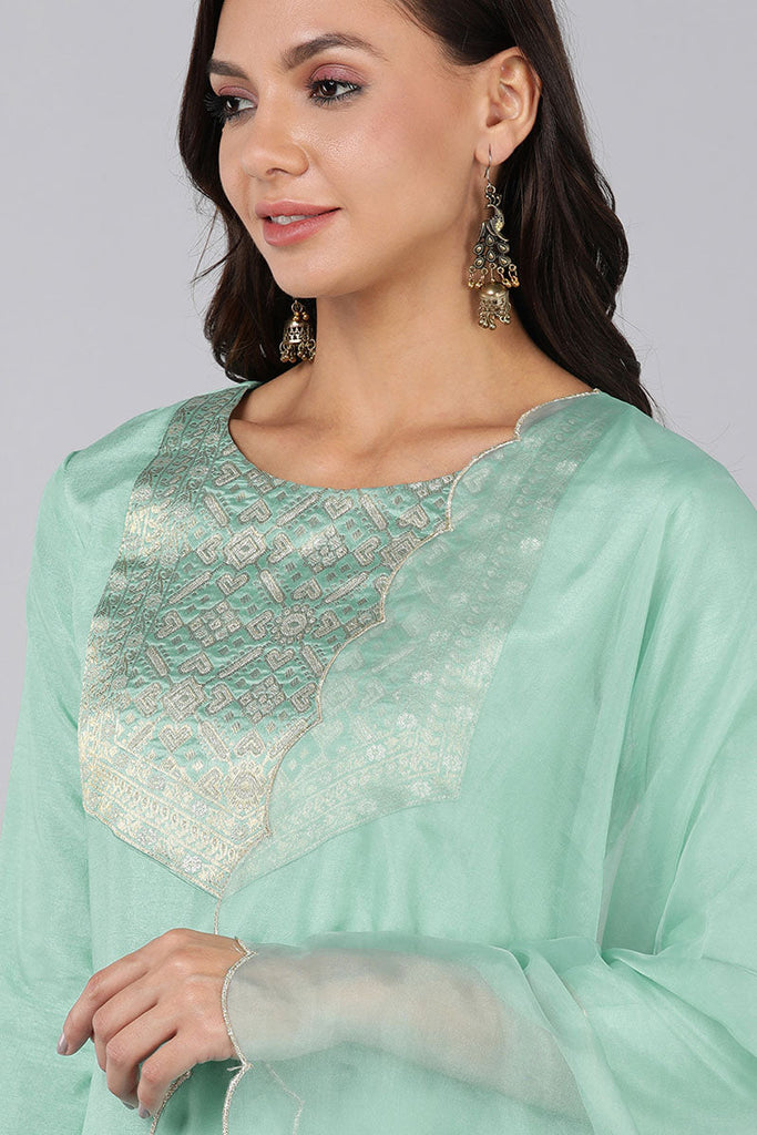  Women Sea Green Yoke Design Kurta Trousers With Dupatta