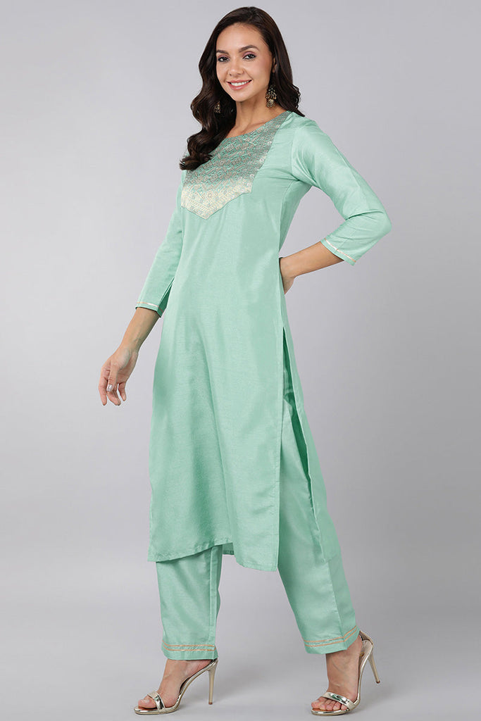  Women Sea Green Yoke Design Kurta Trousers With Dupatta