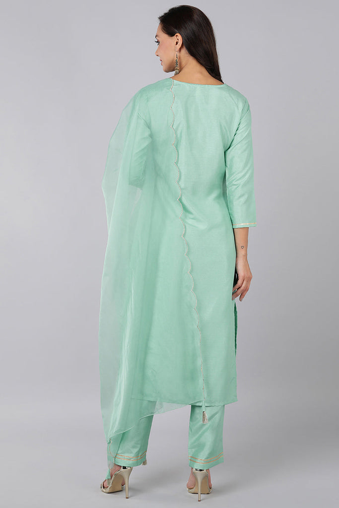  Women Sea Green Yoke Design Kurta Trousers With Dupatta