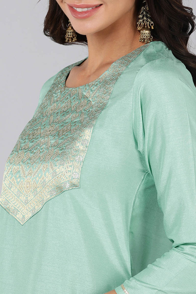  Women Sea Green Yoke Design Kurta Trousers With Dupatta