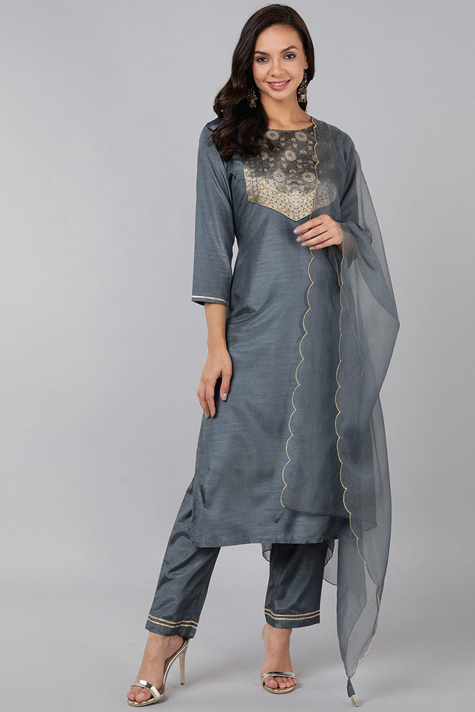  Women Grey Yoke Design Kurta Trousers With Dupatta