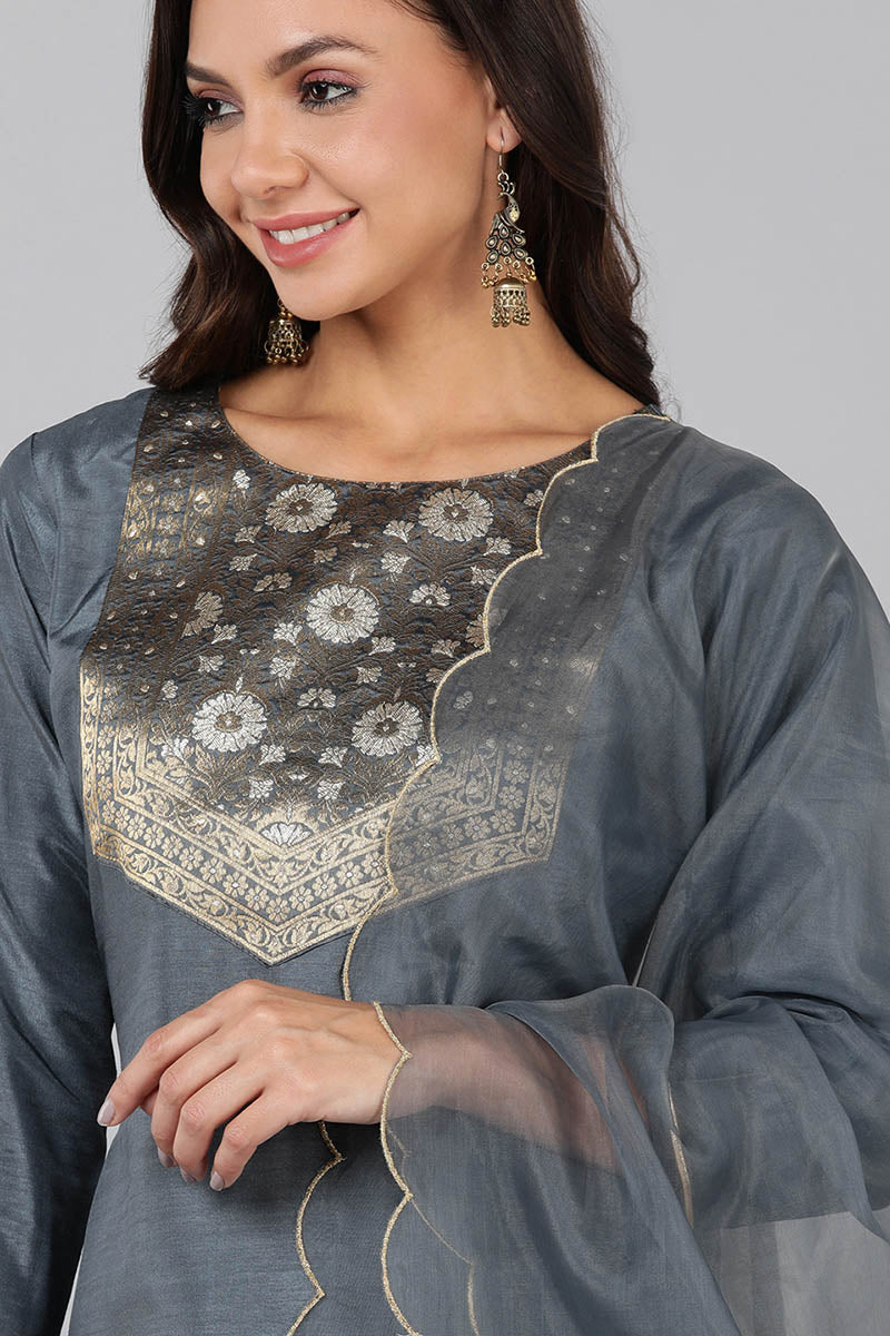  Women Grey Yoke Design Kurta Trousers With Dupatta