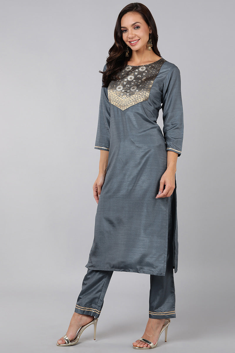  Women Grey Yoke Design Kurta Trousers With Dupatta